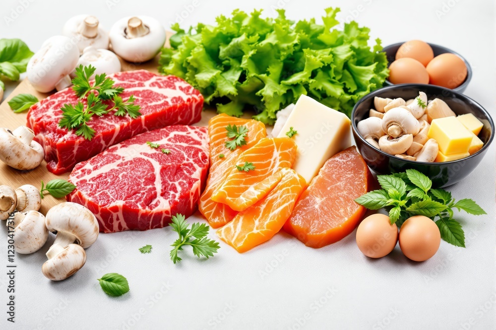 Fresh meat, fish, eggs, cheese, mushrooms, and greens on a white background. Fresh meat, fish, eggs, cheese, mushrooms, and greens on a white background.