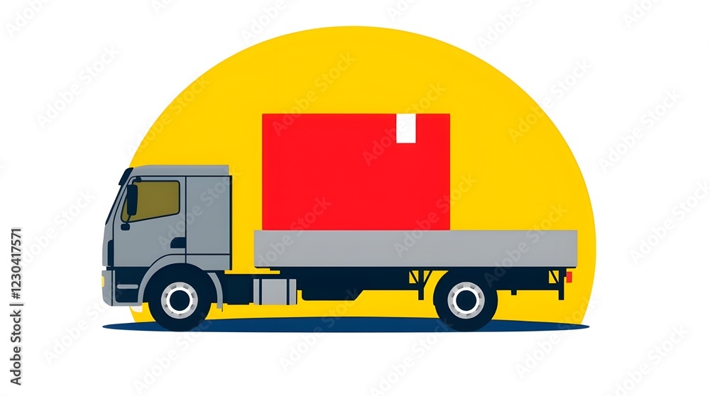 truck carrying an oversized cardboard box with symbols. Both are partially cropped against a solid yellow background. truck carrying an oversized cardboard box with symbols. Both are partially cropped against a solid yellow background.