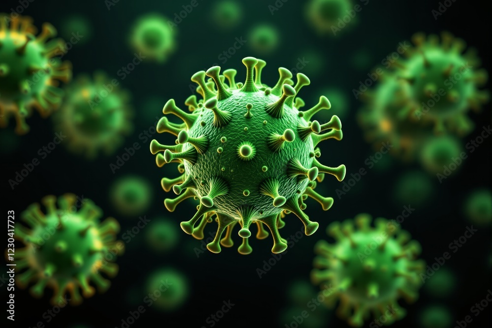 Fototapeta premium Close-up of green virus particles with spikes on a dark background.