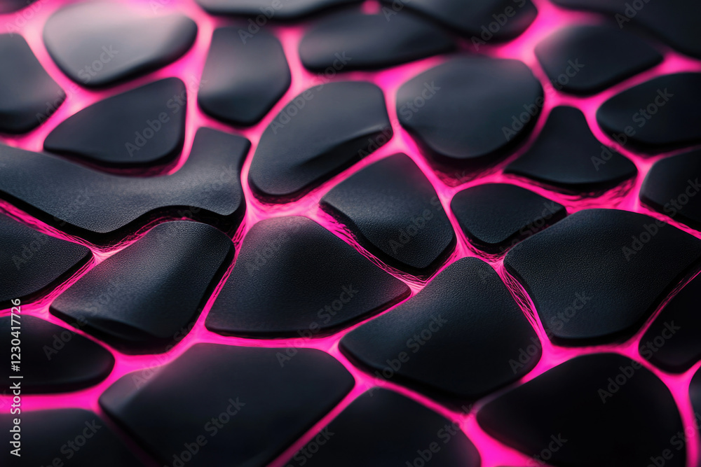 Fototapeta premium Abstract image of dark, textured, polygonal shapes with vibrant pink glowing lines between them.