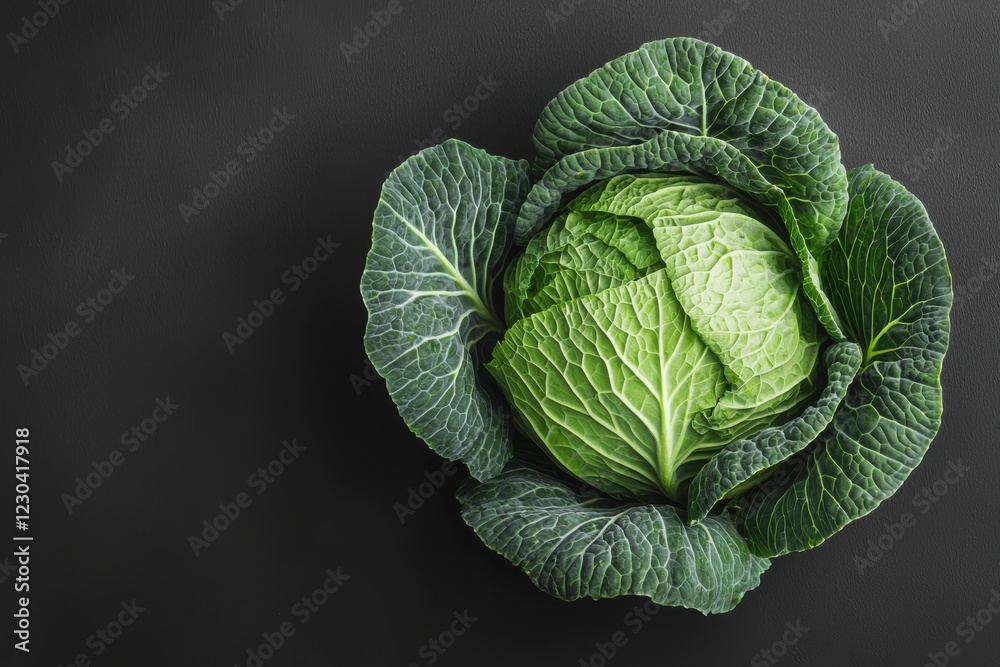 Fototapeta premium Savoy cabbage head on dark background showing its natural texture