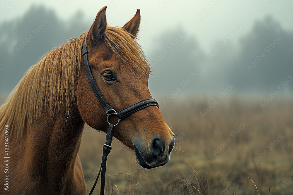Obraz premium A Chestnut Horse in a Misty Field
