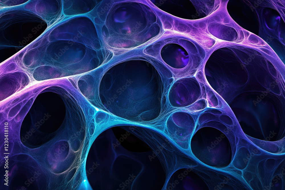 Abstract fractal art depicting a vibrant, interconnected network of glowing purple and blue nodes. Abstract fractal art depicting a vibrant, interconnected network of glowing purple and blue nodes.