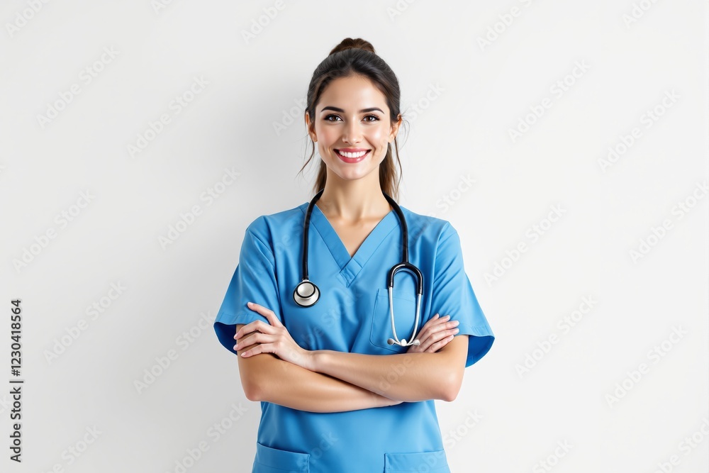 Smiling nurse in blue uniform with stethoscope on plain background. Smiling nurse in blue uniform with stethoscope on plain background.
