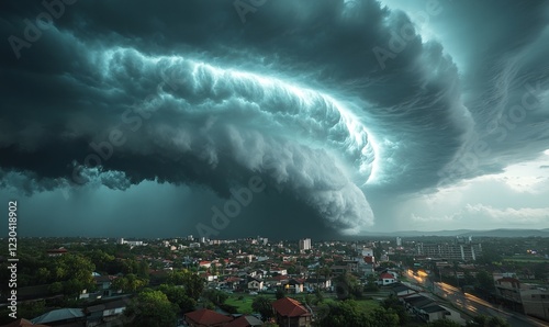 Dark ominous storm clouds roll over a city.