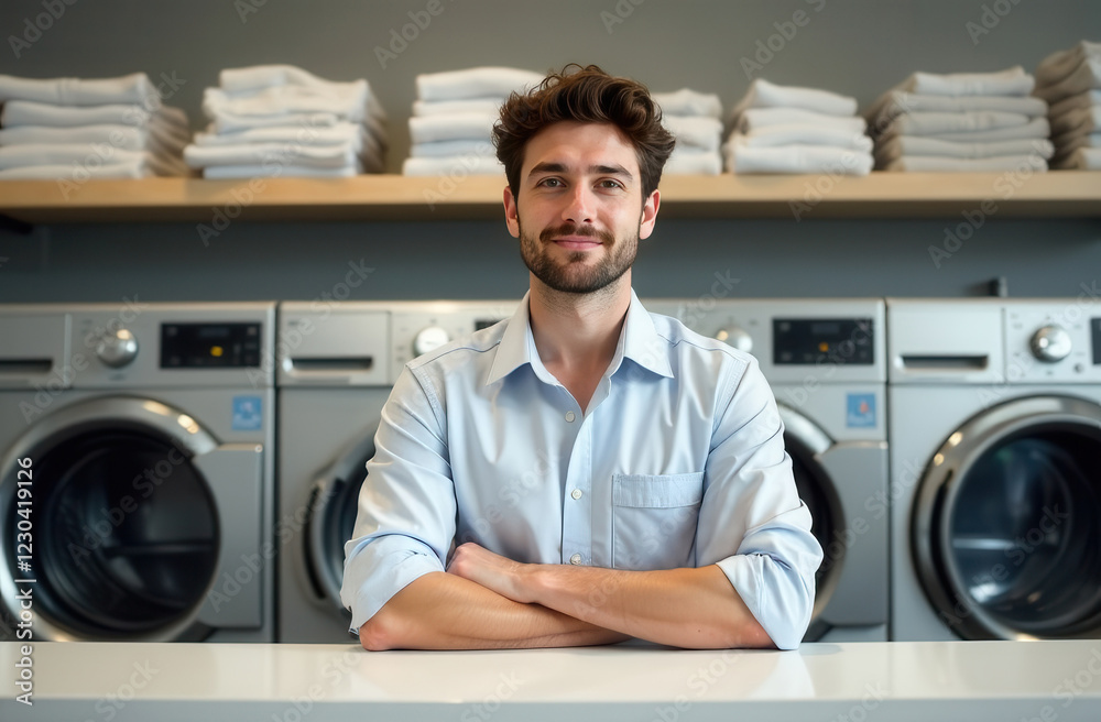 Fototapeta premium Curly-haired male laundry worker in a white uniform against the background of washing machines. A man in a laundry room washes clothes.