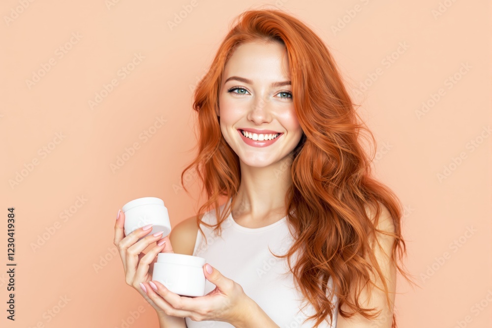 Beautiful smiling woman holding skincare product jars on peach background. Beautiful smiling woman holding skincare product jars on peach background.