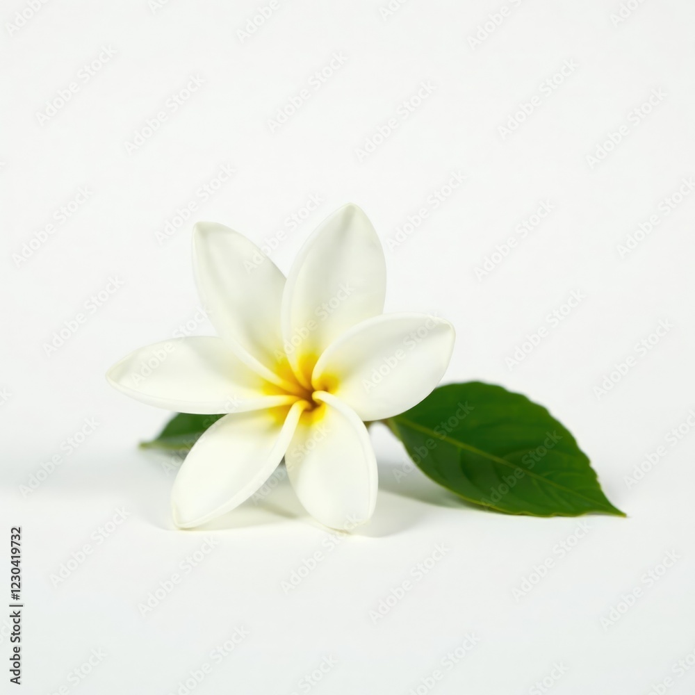 A single jasmine flower with its stem and leaves against a simple white background, flower, nature A single jasmine flower with its stem and leaves against a simple white background, flower, nature