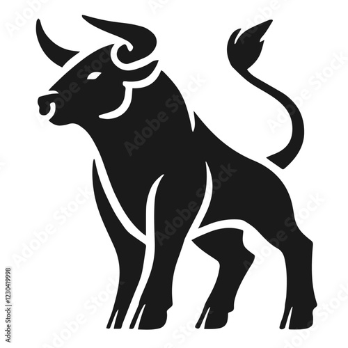 Clean black and white vector silhouette of bull on white background