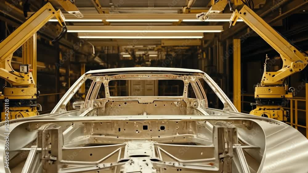 Manufacturing process in an automotive assembly line featuring robotic arms working on vehicle frames