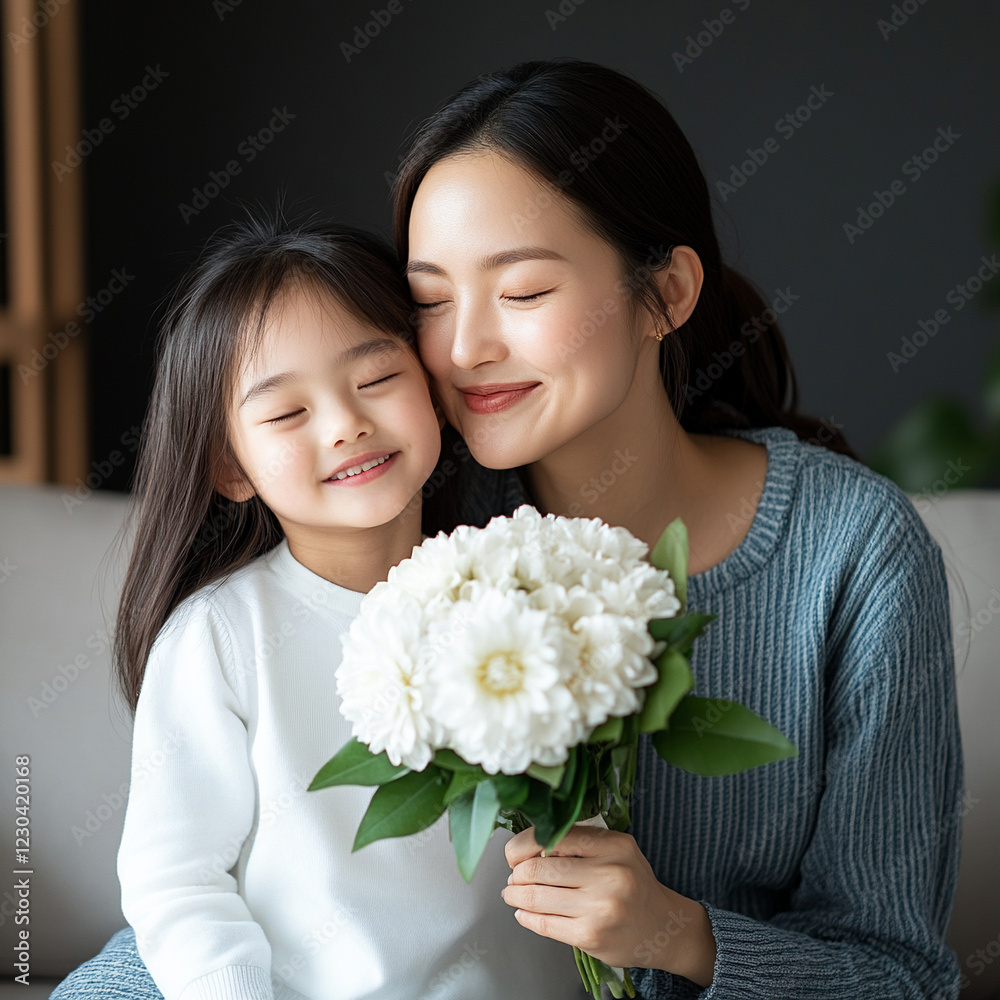 Mother and daughter sharing a joyful moment with flowers Mother and daughter sharing a joyful moment with flowers