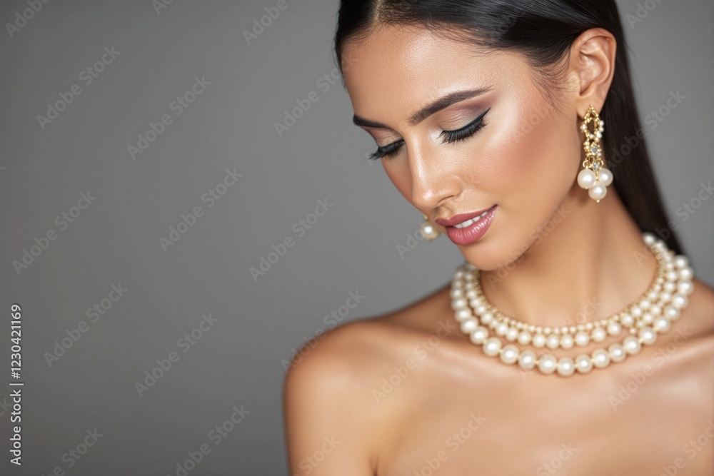 Fototapeta premium Elegant woman with pearl jewelry against neutral background.