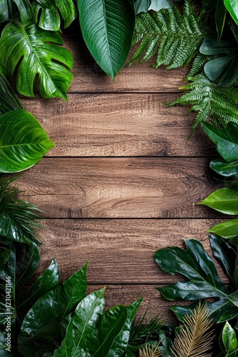 Tropical leaves arranged on wooden background with natural texture