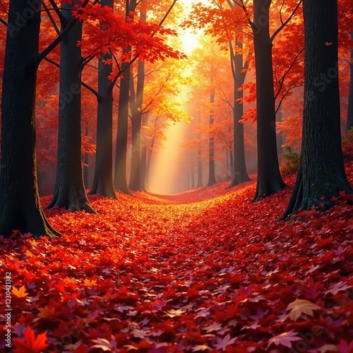 Forest floor covered with fallen red maple leaves, orange, forest, golden light