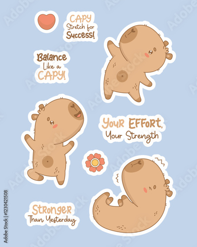 Capybara sportsman and hobby yoga stickers. Funny isolated Cartoon kawaii animal plays sports and stretching with motivational quote. Vector illustration. Kids collection
