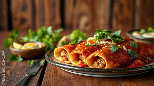Delicious Mexican Potosinas Enchiladas with Pork Chorizo and Potatoes on Wood - Mouthwatering Food Photography photo