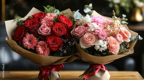 Elegant floral bouquets with red and pink roses wrapped in brown paper