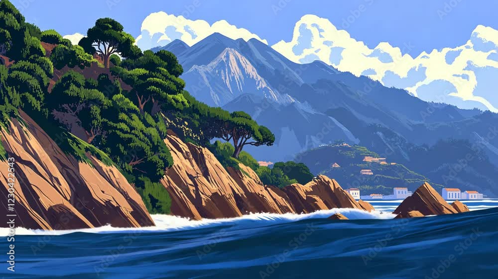 Majestic coastline with mountains and clear blue waters under a cloudy sky in a serene setting