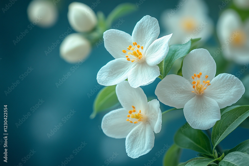 Obraz premium Delicate White Blossoms on Green Branch Against Teal
