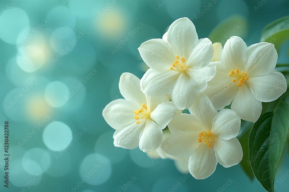 Fototapeta premium Delicate White Flowers Bloom Softly Against Teal Background