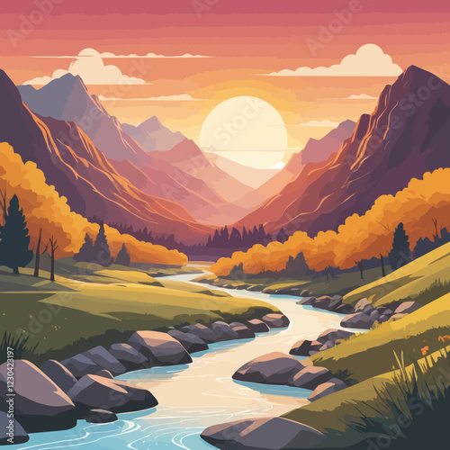 A vector graphic depicting a warmly colored mountain landscape at sunrise, with a serene river flowing beneath a shining sun, blending natural beauty with a calming ambiance.