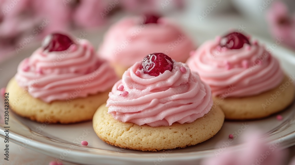 Delicious cherry cupcake cookies with pink buttercream frosting on plate Delicious cherry cupcake cookies with pink buttercream frosting on plate