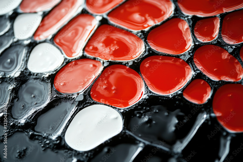 Abstract image of red, white, and black paint in a textured, irregular pattern. Abstract image of red, white, and black paint in a textured, irregular pattern.