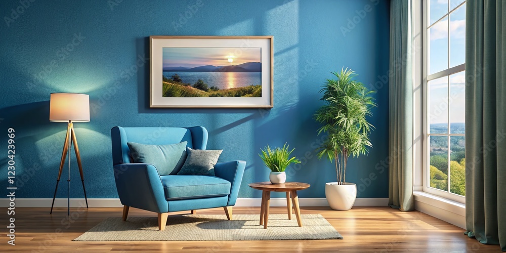 Fototapeta premium Serene Living Room: Blue Wall, Armchair, and Art - Panoramic Stock Photo