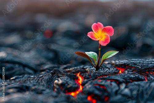 A vibrant pink flower blooms resiliently amidst dark volcanic rock, symbolizing hope and renewal in a harsh environment. Resilient Bloom on Hot Lava, Rebirth from Fire photo