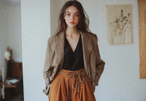 Fashionable woman poses in stylish outfit in chic indoor setting during after...