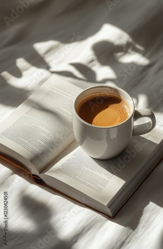 Enjoying coffee with a book in soft morning light on a cozy bed
