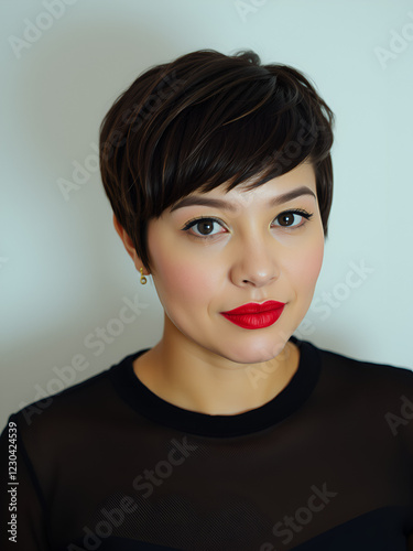 A woman with short hair and red lipstick. photo