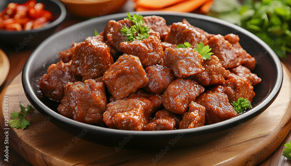 Delicious fried beef meat served on wooden table Delicious fried beef meat served on wooden table