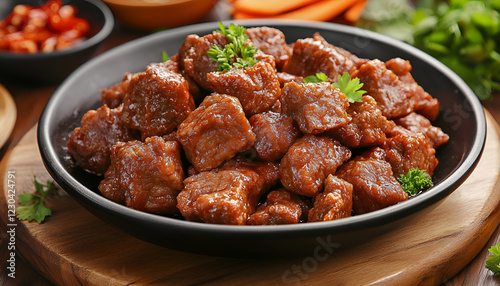 Delicious fried beef meat served on wooden table photo