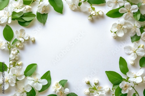 Beautiful white flowers and green leaves arranged on a light background for d...