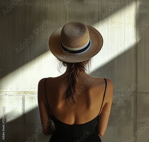 Woman in black dress and straw hat standing against a textured wall in warm l...