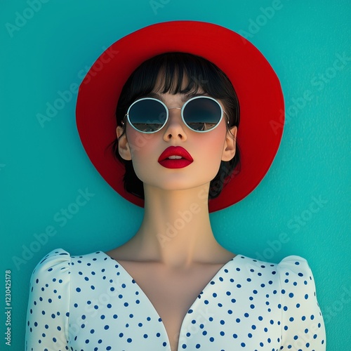 Stylish woman with red hat and sunglasses poses in front of turquoise background
