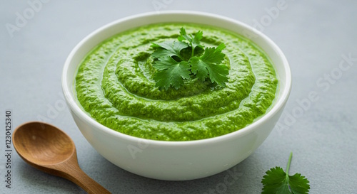 traditional homemade indian gujrati food recipe green coriander chutney for serve with indian food lunch, meal, ganthia, fafda, pakoda, panipuri, sandwich