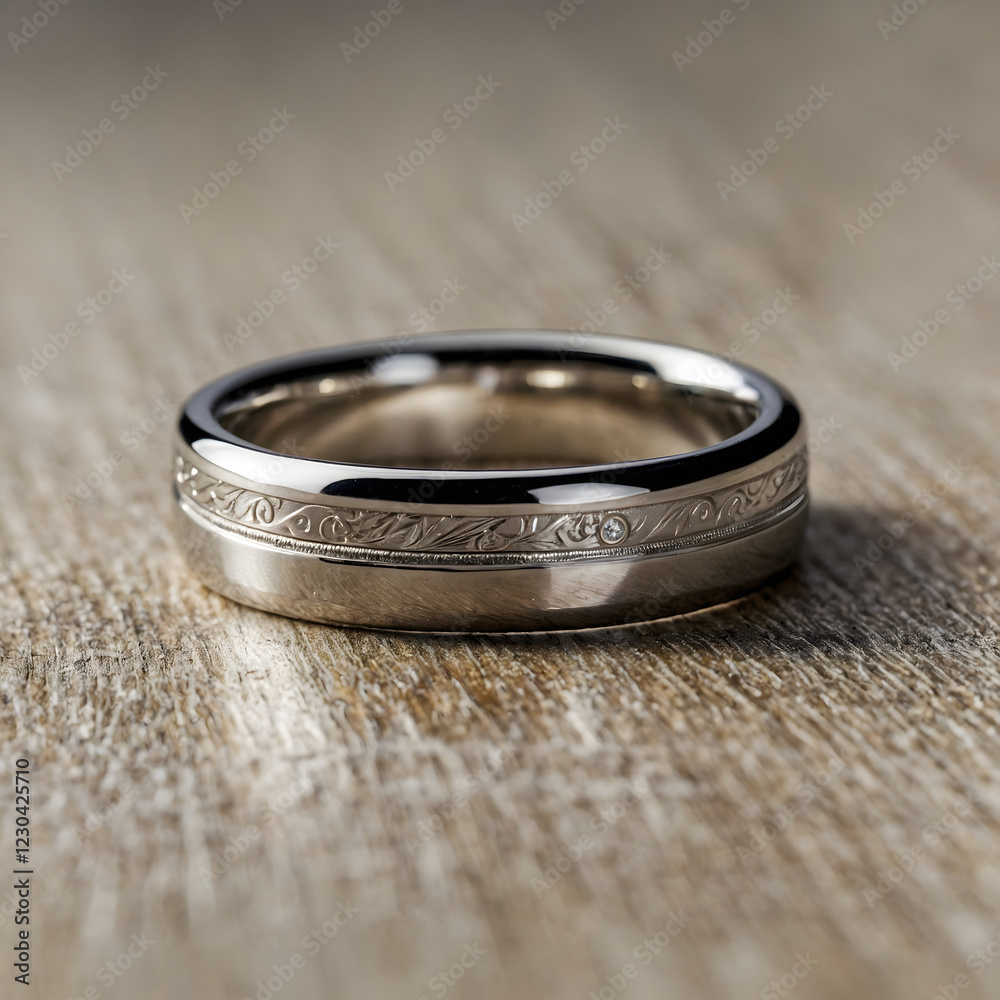 Elegant engraved silver wedding band on wood
Elegant engraved silver wedding band on wood