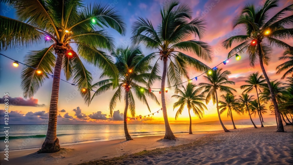 Serene Sunset Beach: Palm Trees Adorned with Christmas Lights Serene Sunset Beach: Palm Trees Adorned with Christmas Lights