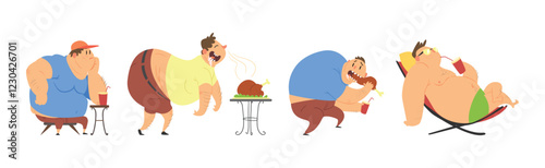 Funny Man Character with Fat Belly Engaged in Different Activity Vector Set
