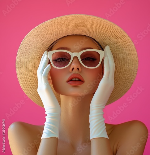 Stylish model posing against a vibrant pink background with sunglasses and wi...