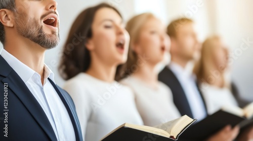 A diverse group of individuals passionately singing in harmony during a choir practice. Their expressions reflect dedication and joy, showcasing the power of music and community. photo