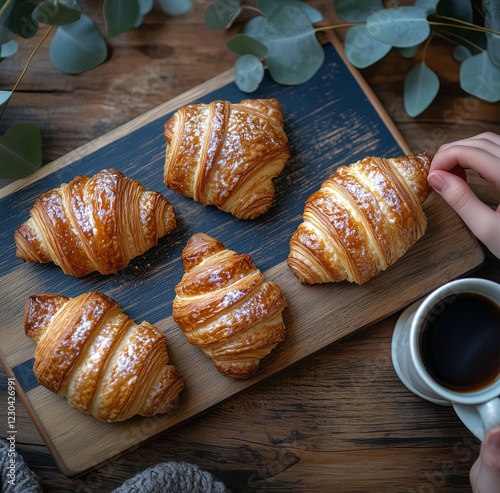 Freshly baked croissants arranged on a wooden board with a cup of coffee in a...
