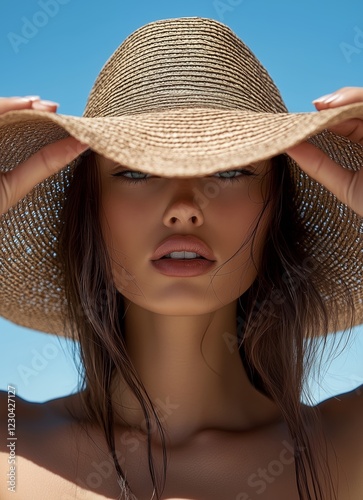 Model wearing a straw hat outdoors at a sunny beach with blue sky