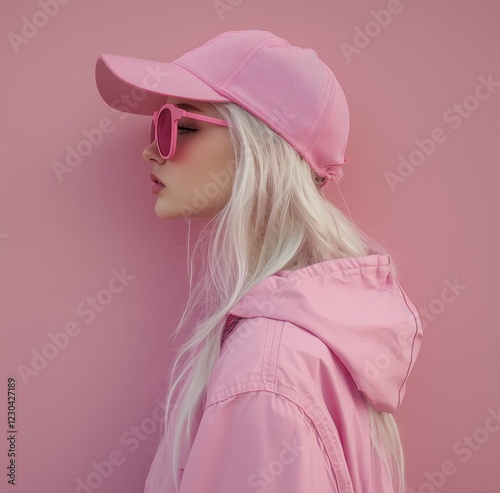 Young woman in pink attire posing against a pink wall during daylight