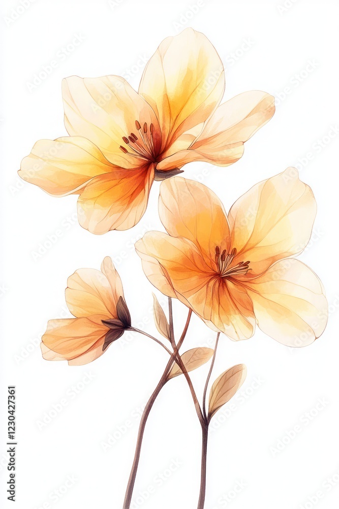 Fototapeta premium Pastel yellow flowers, studio shot, white background, floral art print