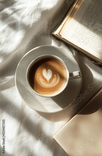 Warm cup of coffee with heart latte art beside an open book on a soft blanket...