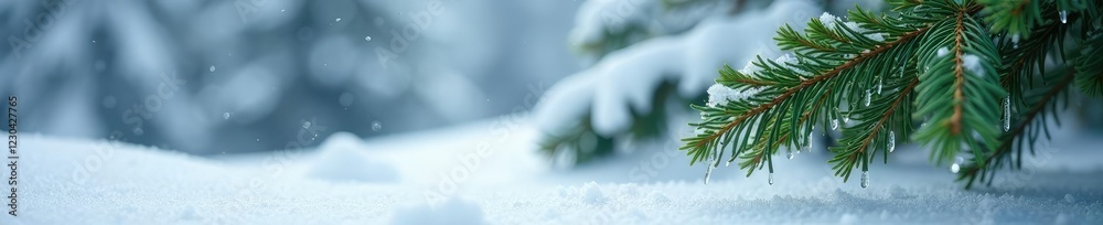 Obraz premium A lone green pine branch in the snowy landscape with hanging icicles, evergreen, frozen, natural
