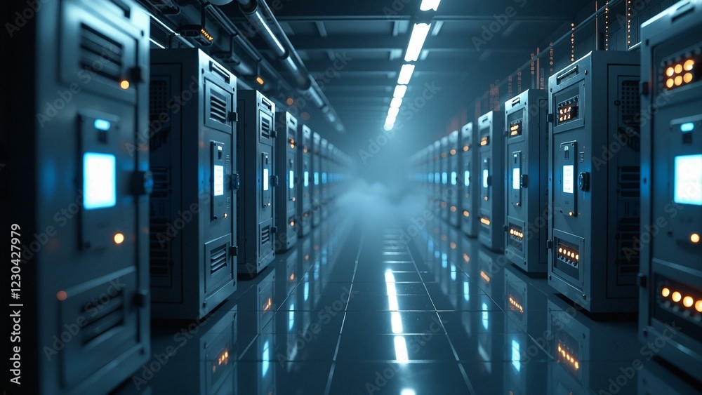 Naklejka premium A futuristic data vault with encrypted files reflected in infinity mirror setup.